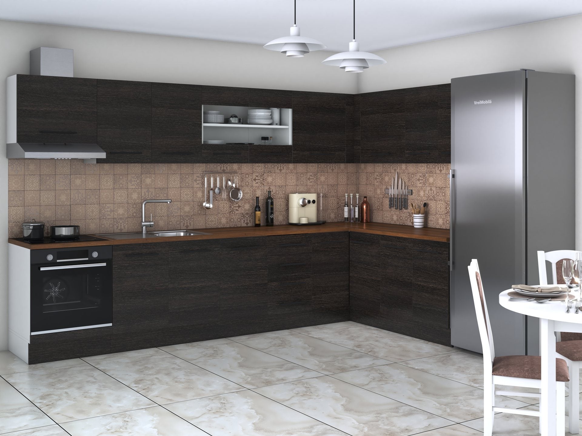 Bucatarie de colt Alfa, Corp hota, Corp cuptor, Cu vitrina, Blat termic