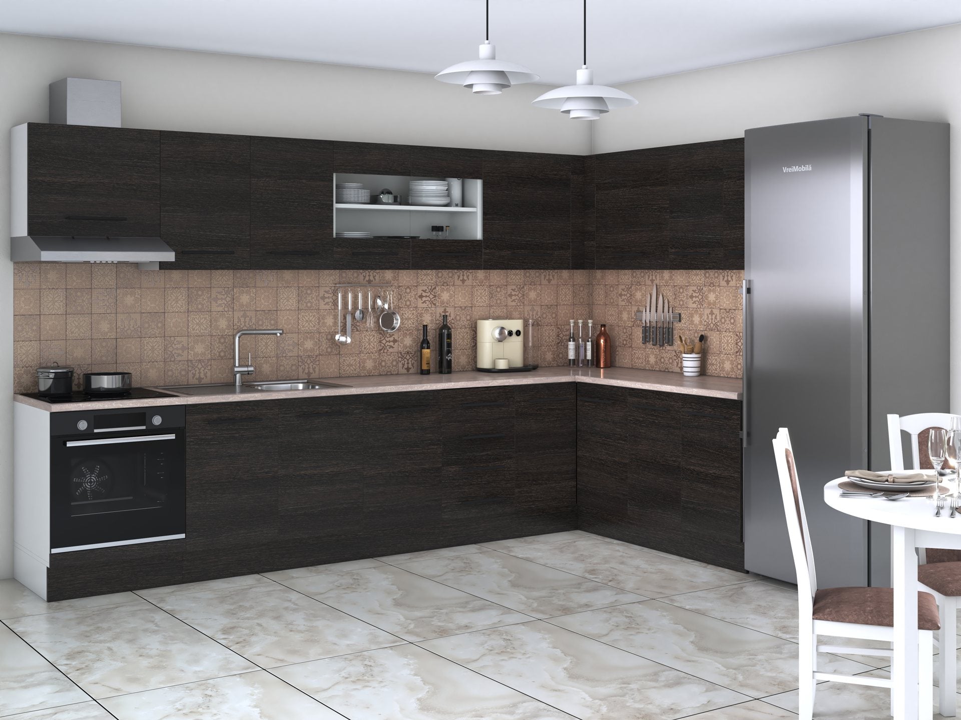 Bucatarie de colt Alfa, Corp hota, Corp cuptor, Cu vitrina, Blat termic