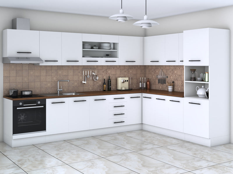 Bucatarie de colt Alfa, Soldat, Corp cuptor, Corp hota, cu vitrina, Blat termic 340x240cm-1