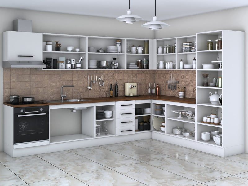Bucatarie de colt Alfa, Soldat, Corp cuptor, Corp hota, cu vitrina, Blat termic 340x240cm-7