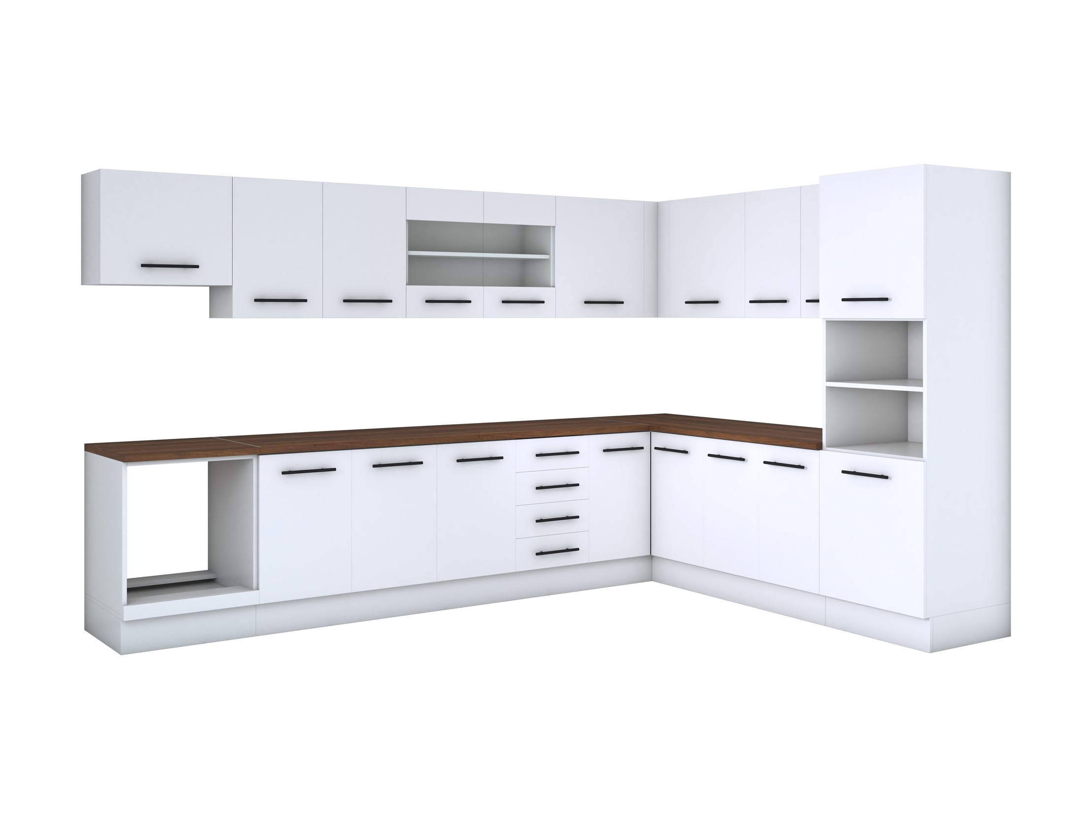 Bucatarie de colt Alfa, Soldat, Corp cuptor, Corp hota, cu vitrina, Blat termic