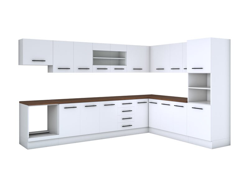 Bucatarie de colt Alfa, Soldat, Corp cuptor, Corp hota, cu vitrina, Blat termic 340x240cm-8