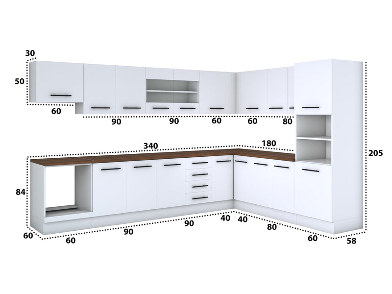 Bucatarie de colt Alfa, Soldat, Corp cuptor, Corp hota, cu vitrina, Blat termic 340x240cm-9