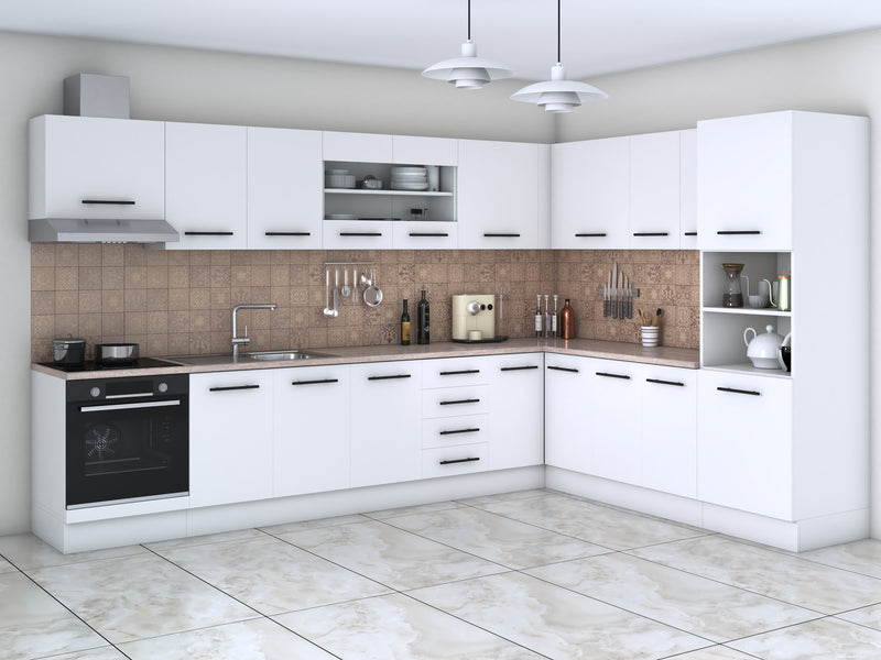 Bucatarie de colt Alfa, Soldat, Corp cuptor, Corp hota, cu vitrina, Blat termic 340x240cm-2