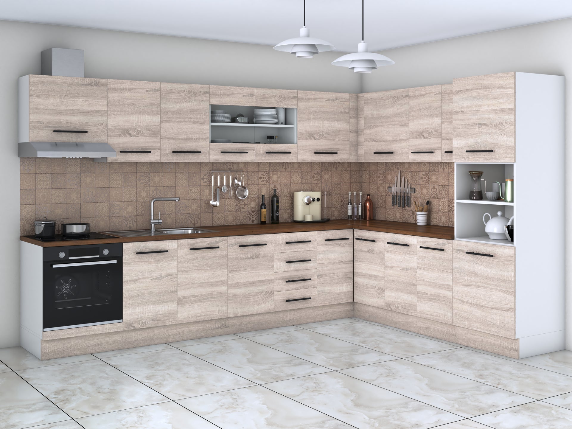 Bucatarie de colt Alfa, Soldat, Corp cuptor, Corp hota, cu vitrina, Blat termic