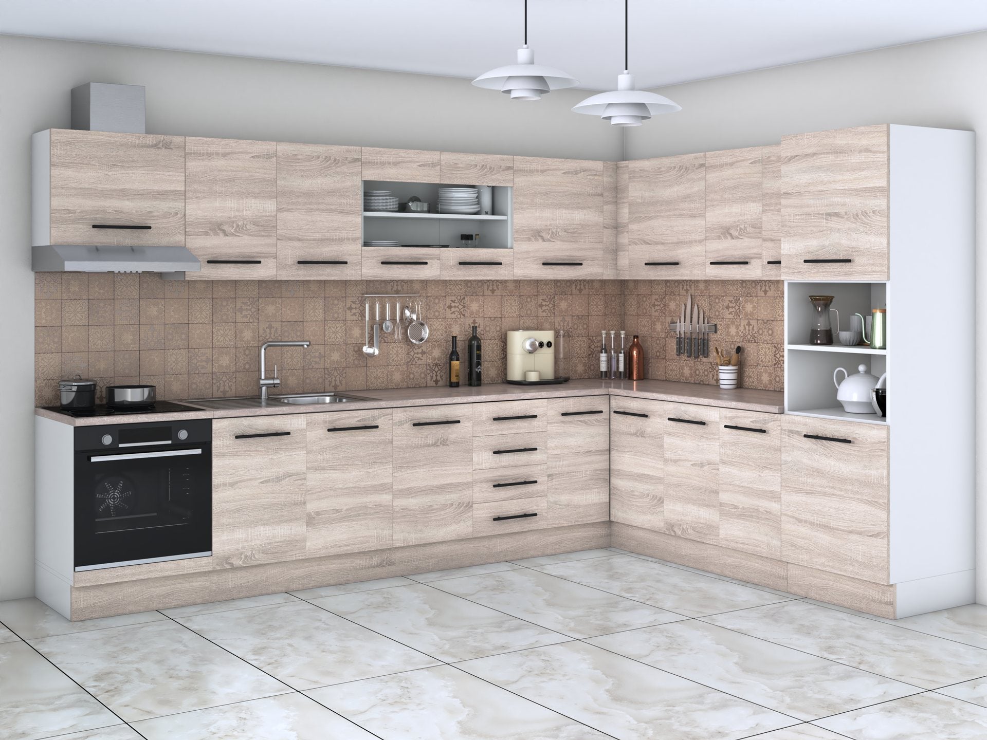 Bucatarie de colt Alfa, Soldat, Corp cuptor, Corp hota, cu vitrina, Blat termic