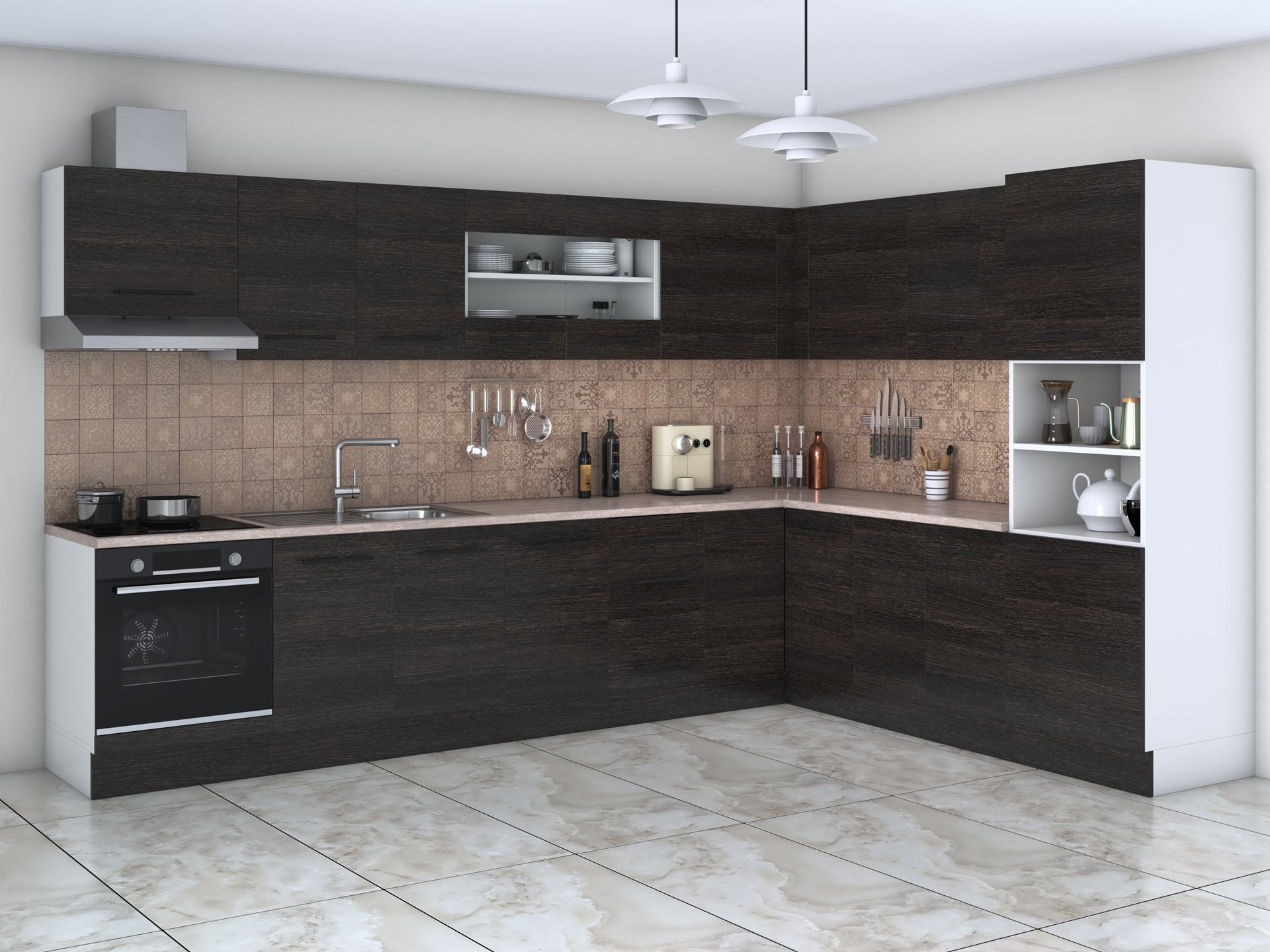 Bucatarie de colt Alfa, Soldat, Corp cuptor, Corp hota, cu vitrina, Blat termic