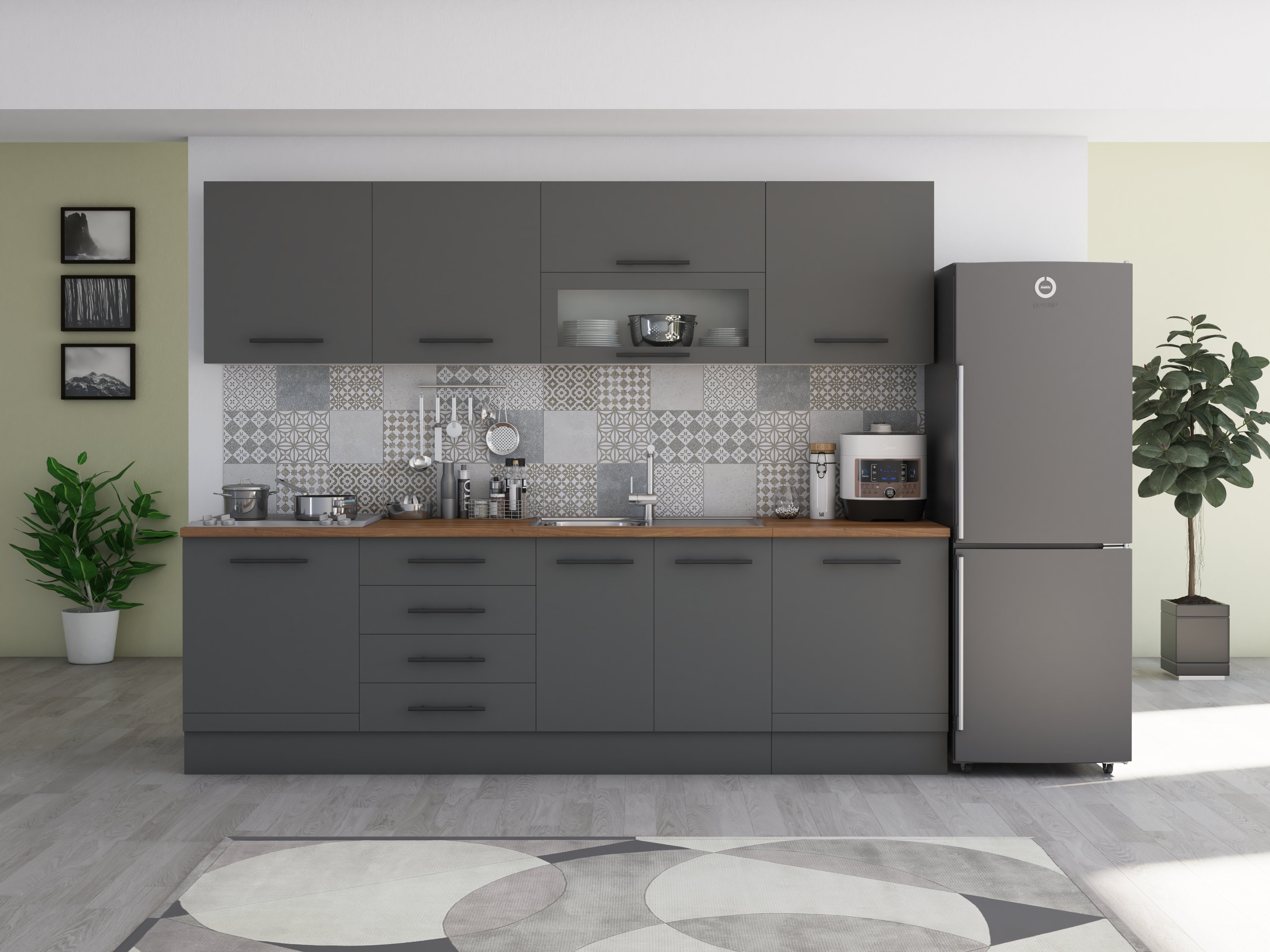 Bucatarie Alfa 260, Cu vitrina, Gri, Blat termic