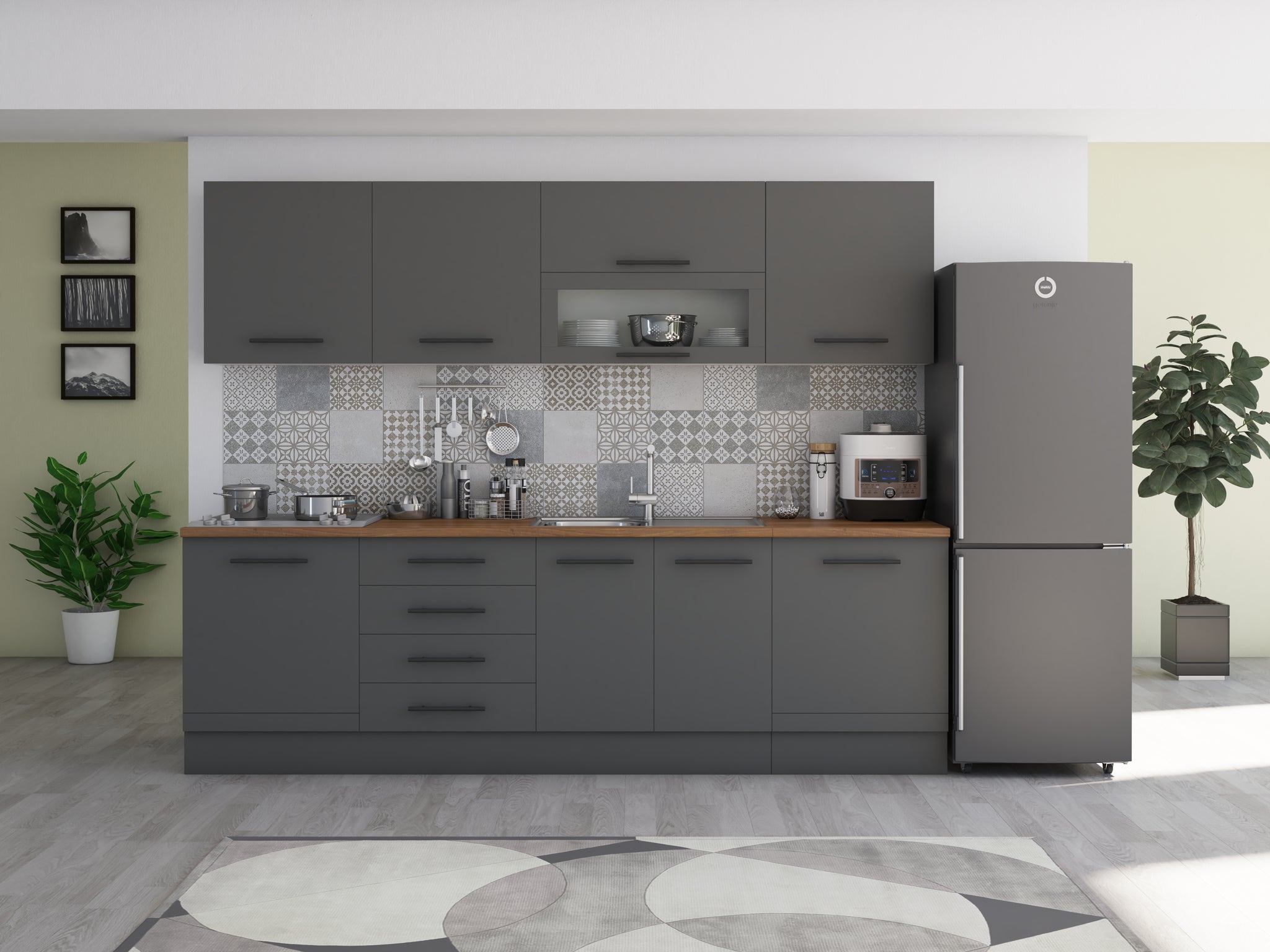 Bucatarie Alfa 260, Cu vitrina, Gri, Blat termic