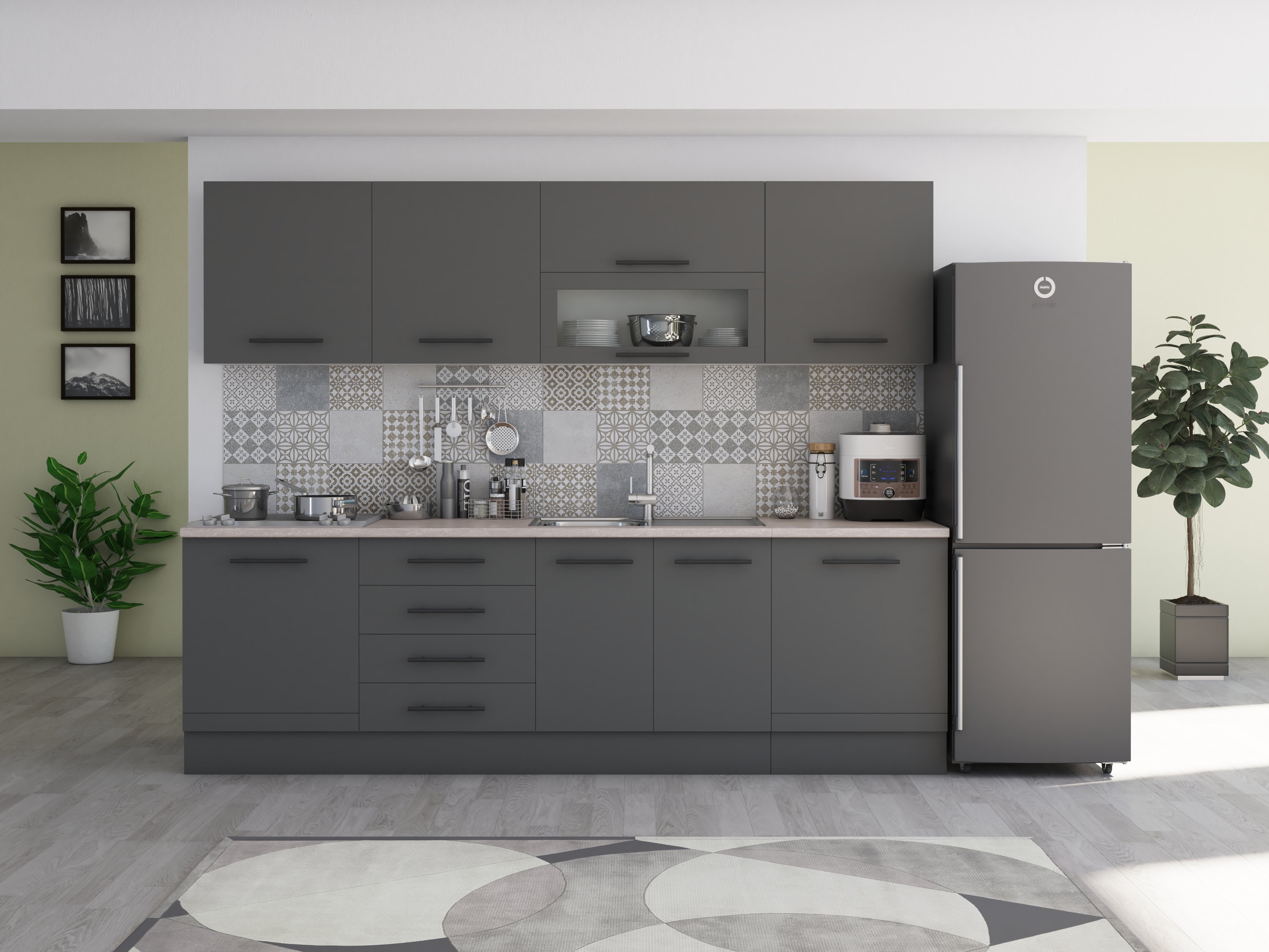 Bucatarie Alfa 260, Cu vitrina, Gri, Blat termic