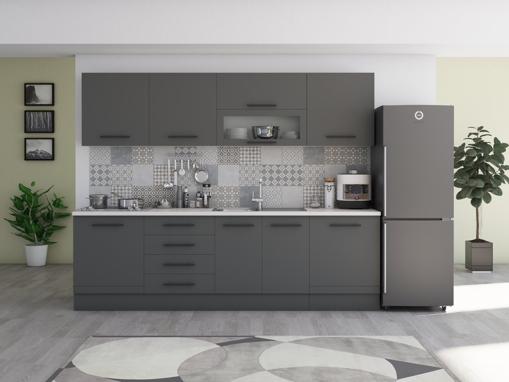 Bucatarie Alfa 260, Cu vitrina, Gri, Blat termic