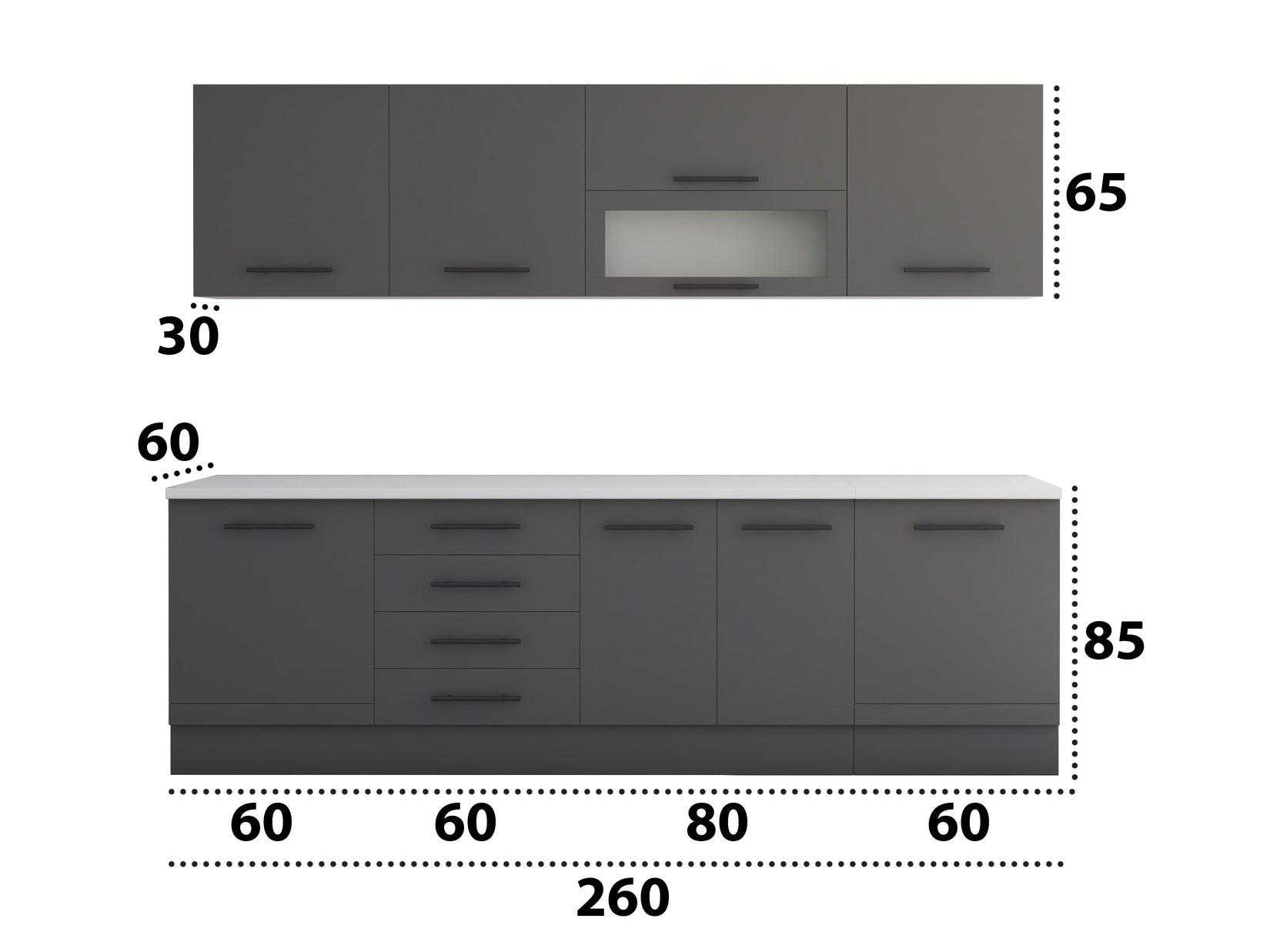 Bucatarie Alfa 260, Cu vitrina, Gri, Blat termic