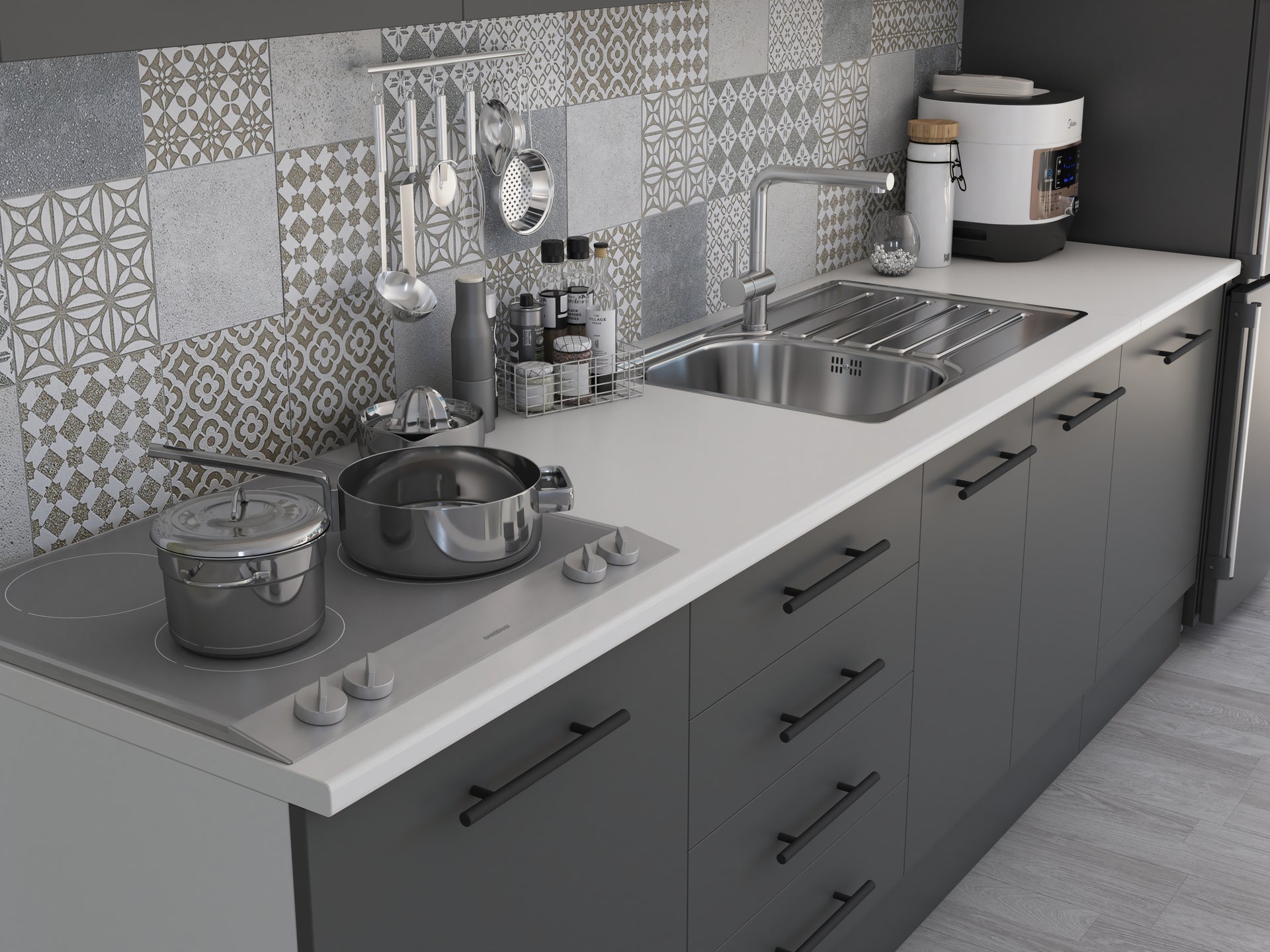 Bucatarie Alfa 260, Cu vitrina, Gri, Blat termic