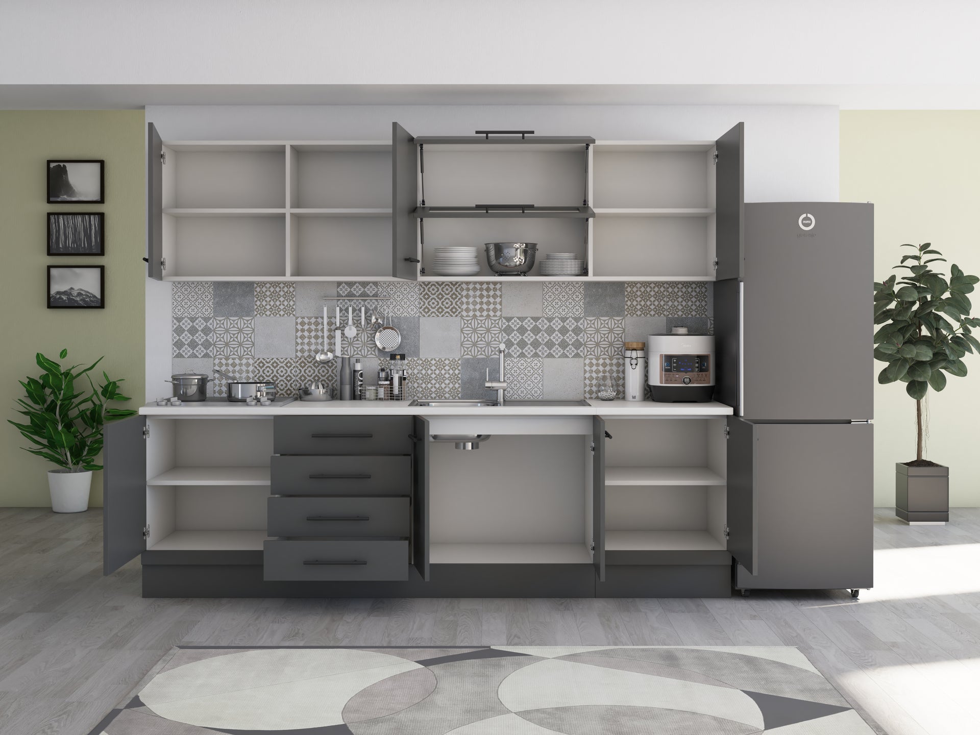 Bucatarie Alfa 260, Cu vitrina, Gri, Blat termic