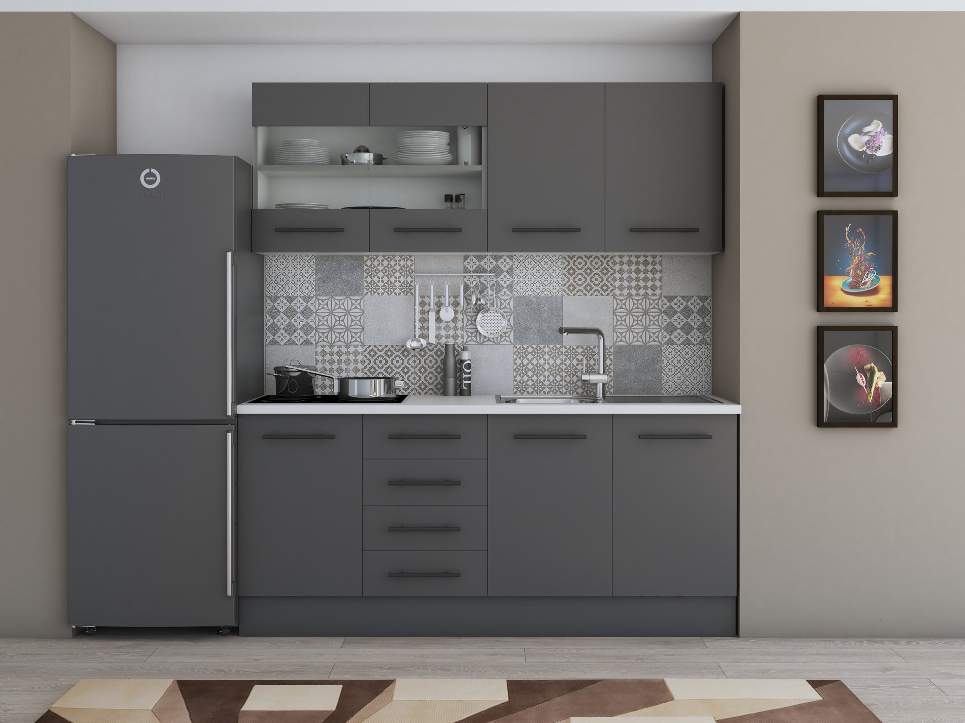 Bucatarie Alfa, 180cm, cu vitrina si blat termic