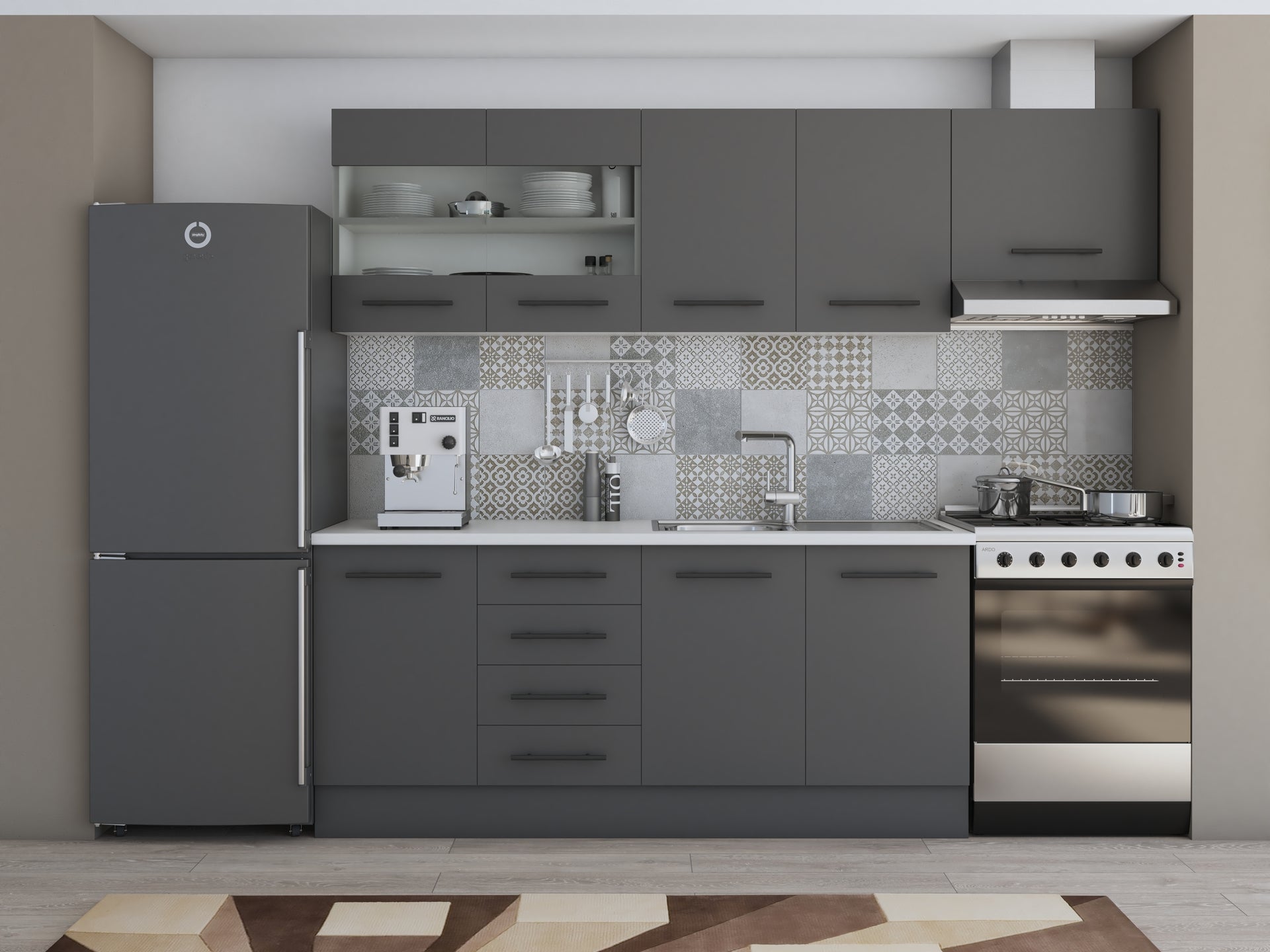 Bucatarie Alfa, 240cm, cu soldat, vitrina si blat termic