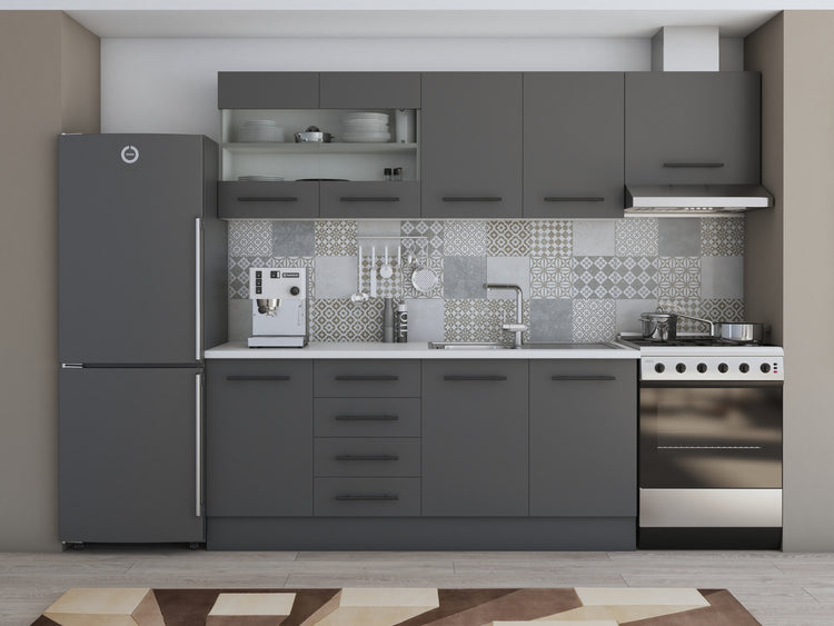 Bucatarie Alfa, 240cm, cu soldat, vitrina si blat termic