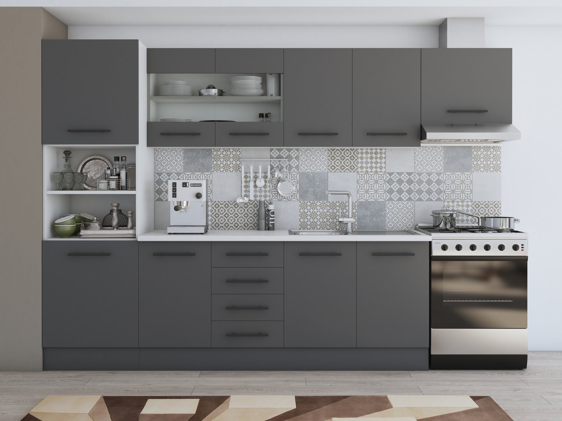 Bucatarie Alfa 300, corp hota si soldat, cu vitrina, blat termic