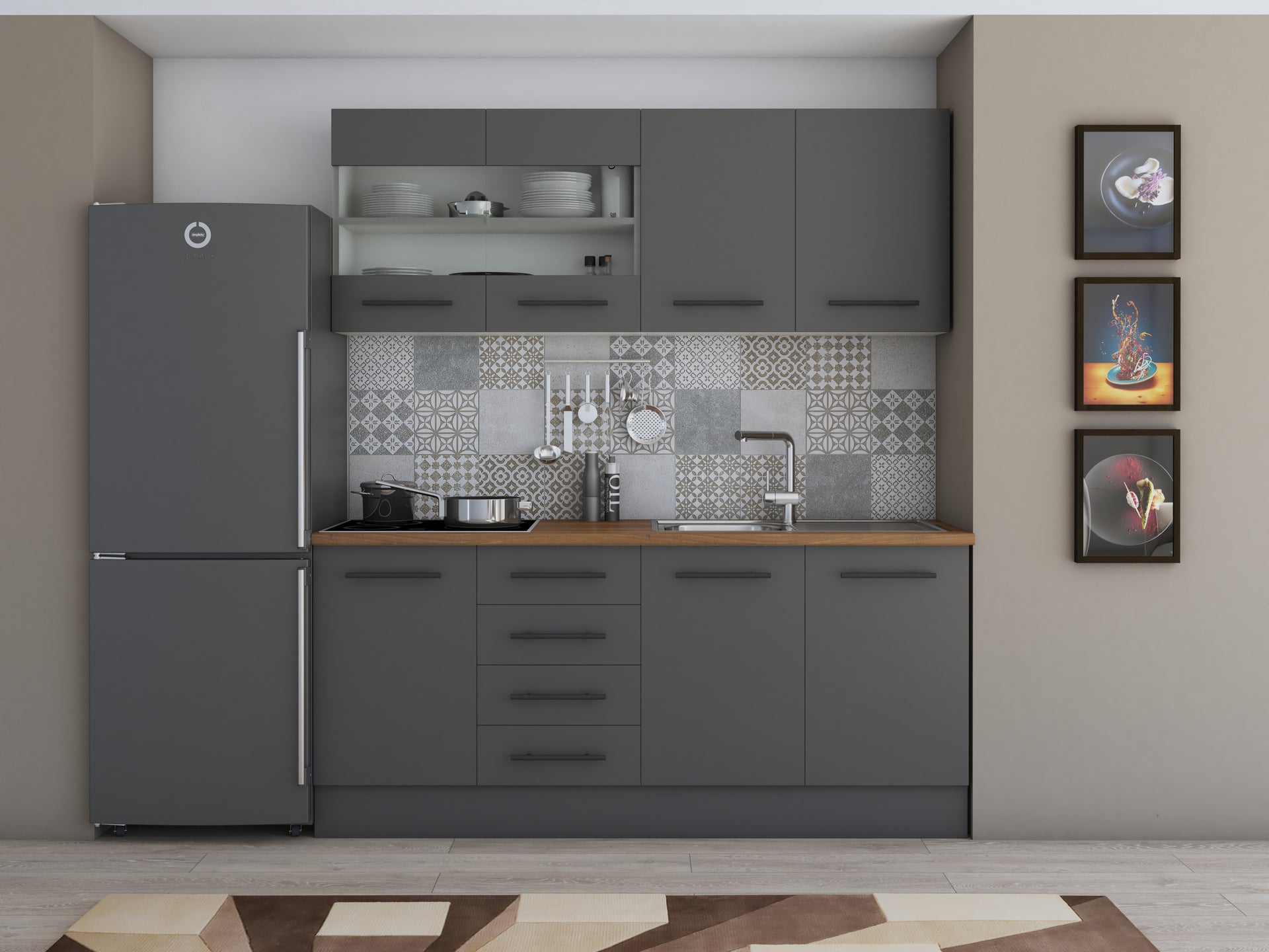 Bucatarie Alfa, 180cm, cu vitrina si blat termic