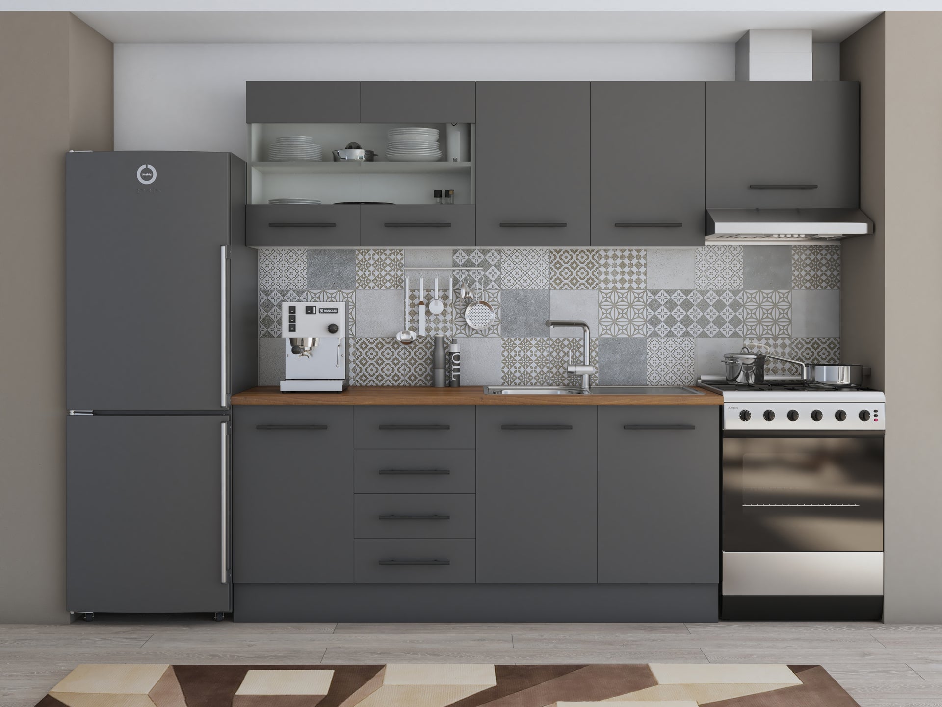 Bucatarie Alfa, 240cm, cu soldat, vitrina si blat termic