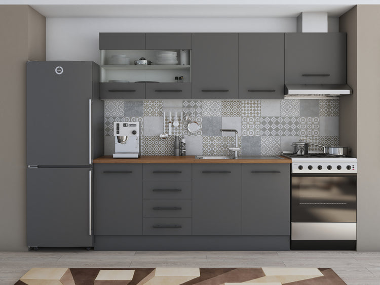 Bucatarie Alfa, 240cm, cu soldat, vitrina si blat termic