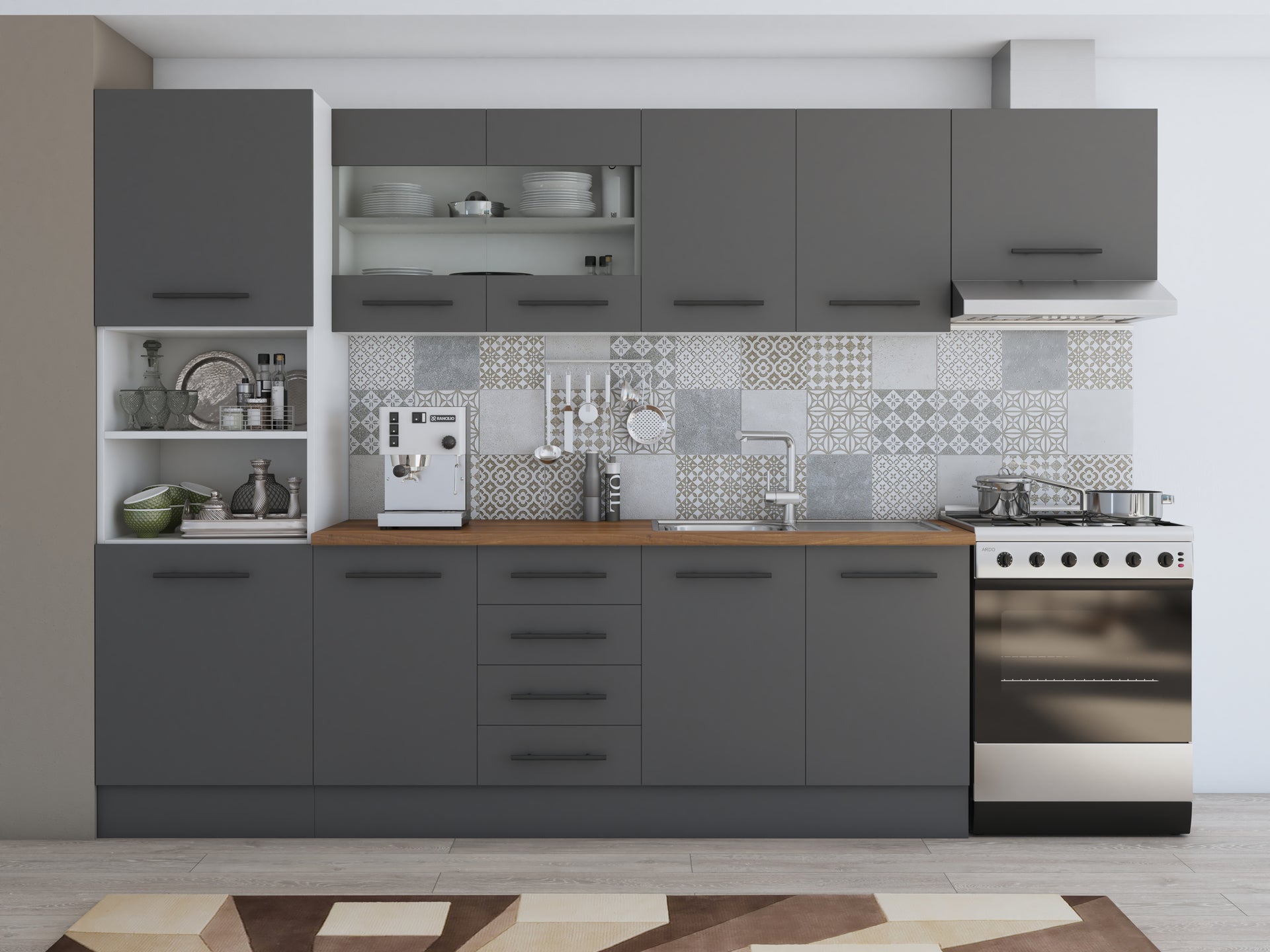 Bucatarie Alfa 300, corp hota si soldat, cu vitrina, blat termic