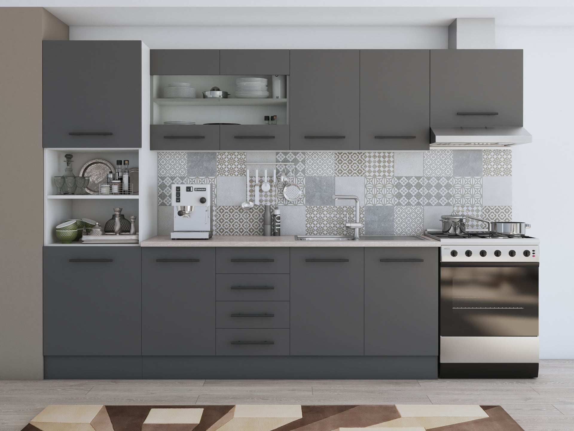 Bucatarie Alfa 300, corp hota si soldat, cu vitrina, blat termic