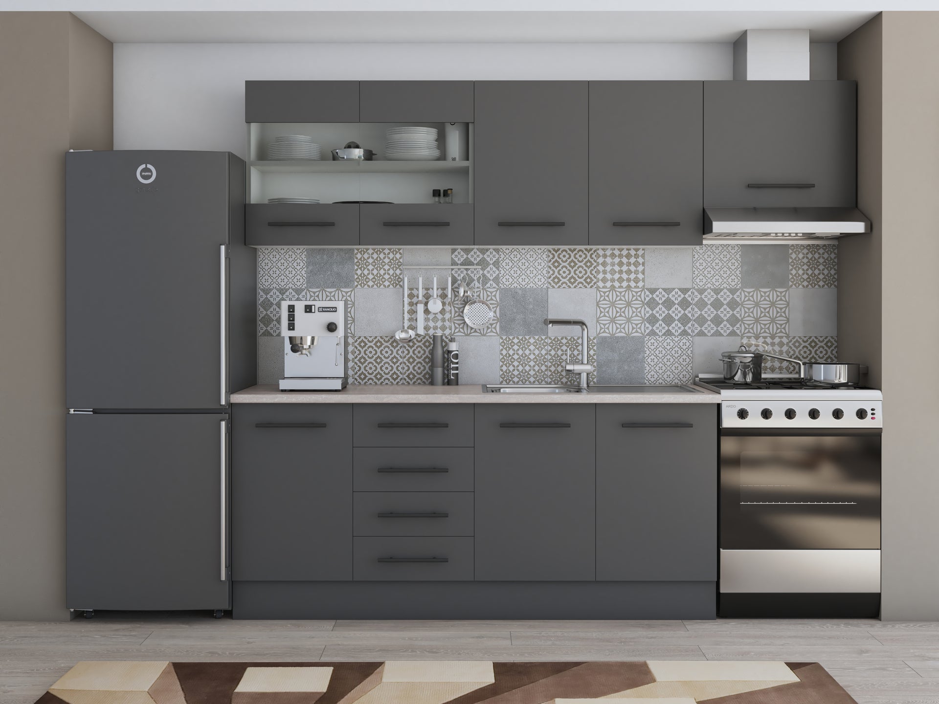 Bucatarie Alfa, 240cm, cu soldat, vitrina si blat termic