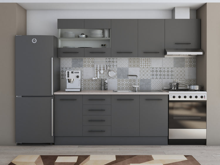 Bucatarie Alfa, 240cm, cu soldat, vitrina si blat termic