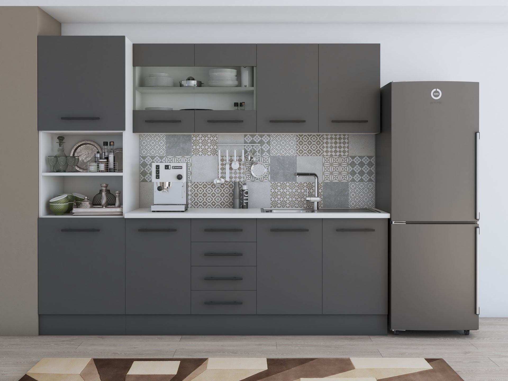 Bucatarie Alfa, 240cm, cu soldat, vitrina si blat termic