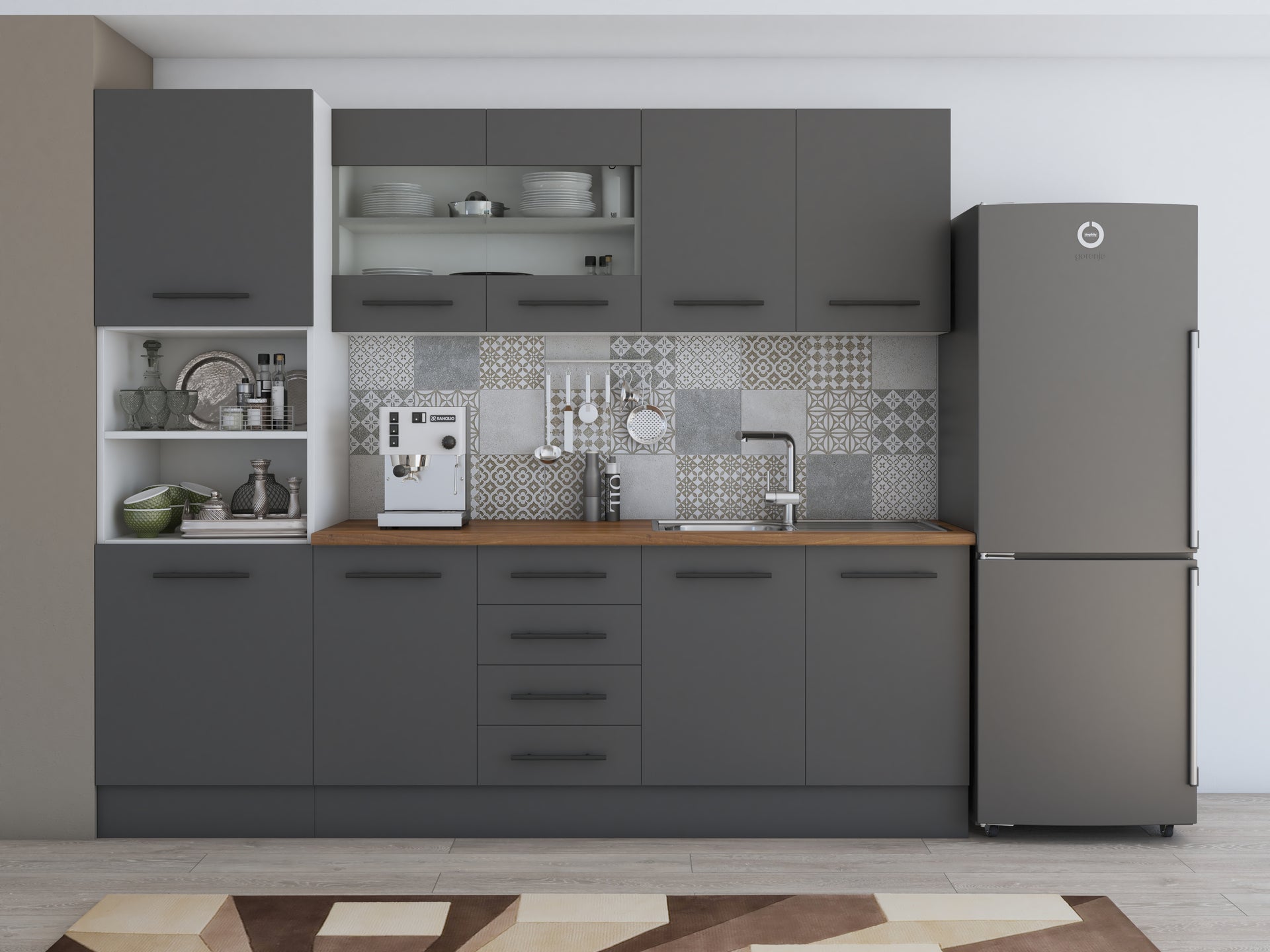 Bucatarie Alfa, 240cm, cu soldat, vitrina si blat termic