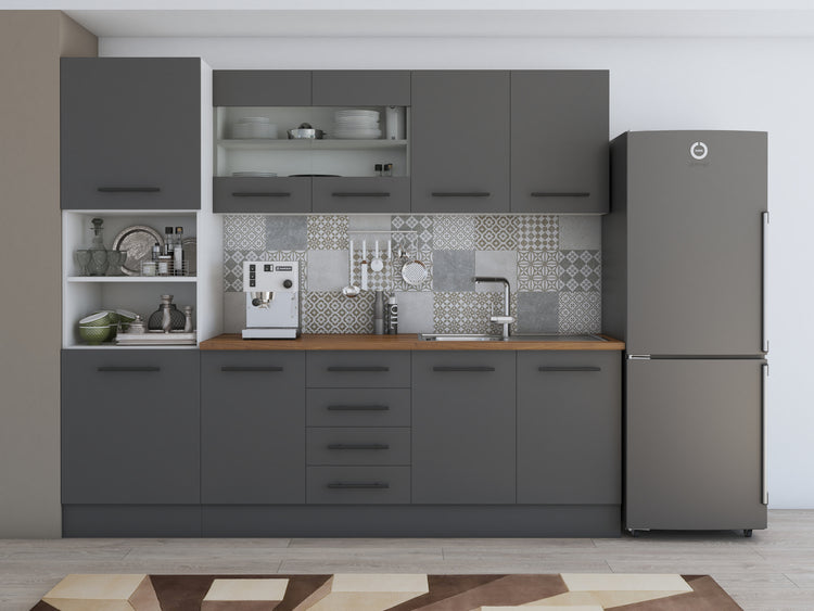 Bucatarie Alfa, 240cm, cu soldat, vitrina si blat termic