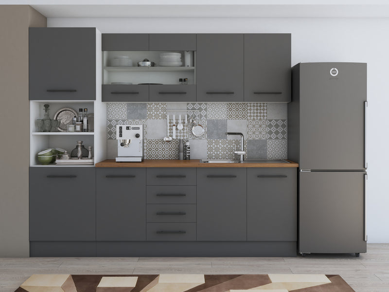 Bucatarie Alfa, 240cm, cu soldat, vitrina si blat termic-63