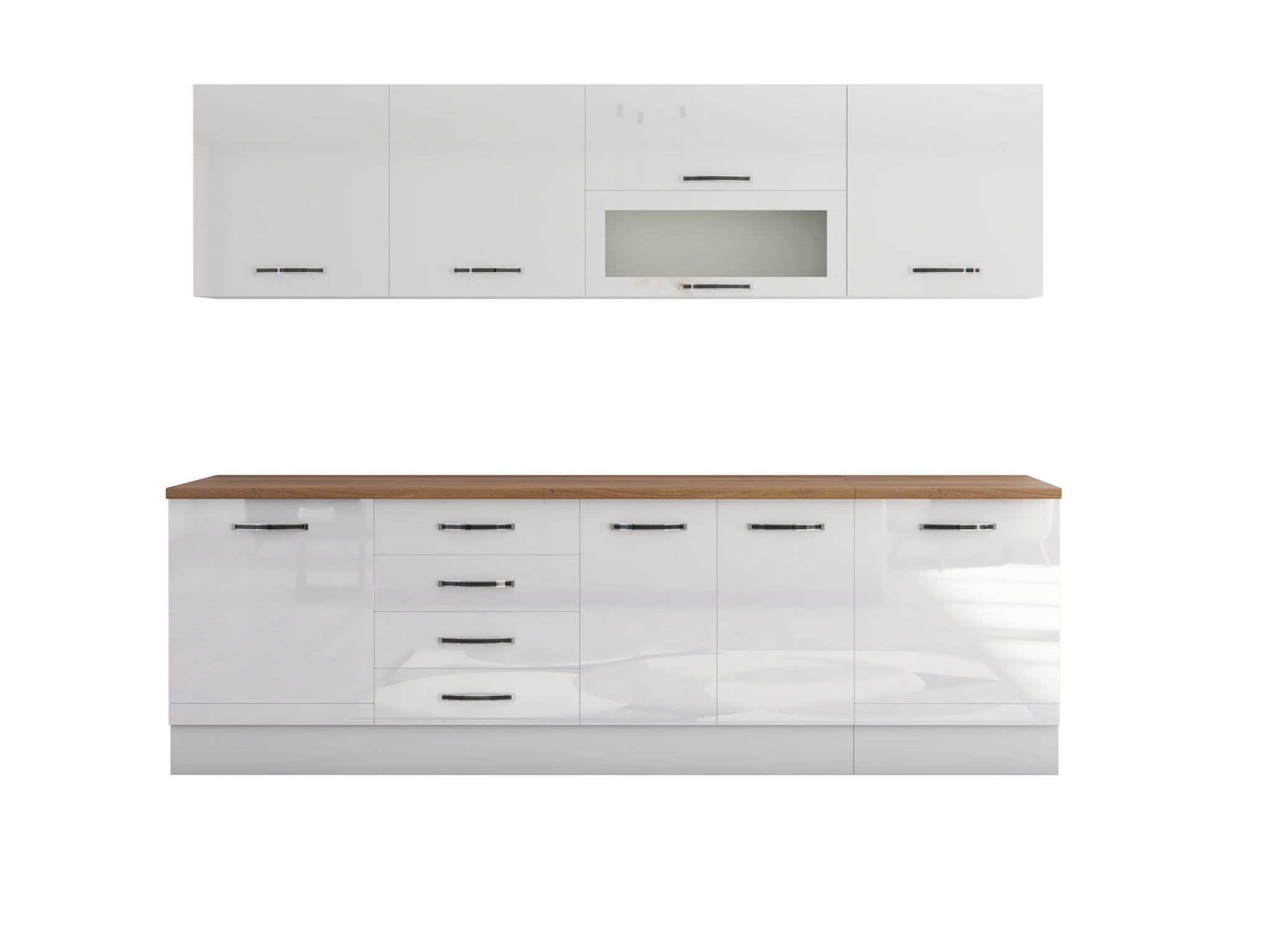 Bucatarie Alfa 260,alb-lucios cu vitrina, blat termic
