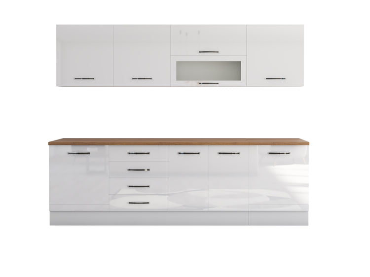 Bucatarie Alfa 260,alb-lucios cu vitrina, blat termic