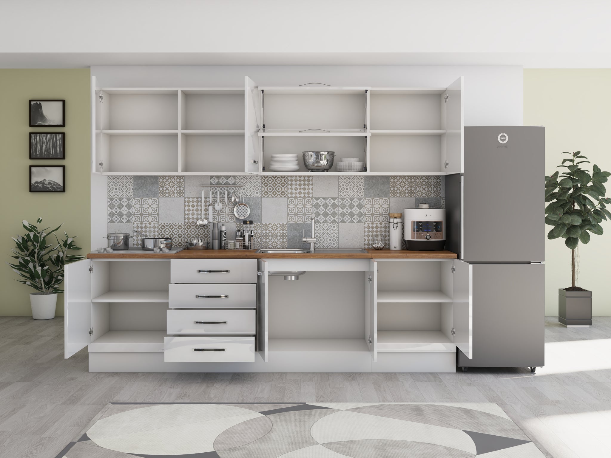 Bucatarie Alfa 260,alb-lucios cu vitrina, blat termic