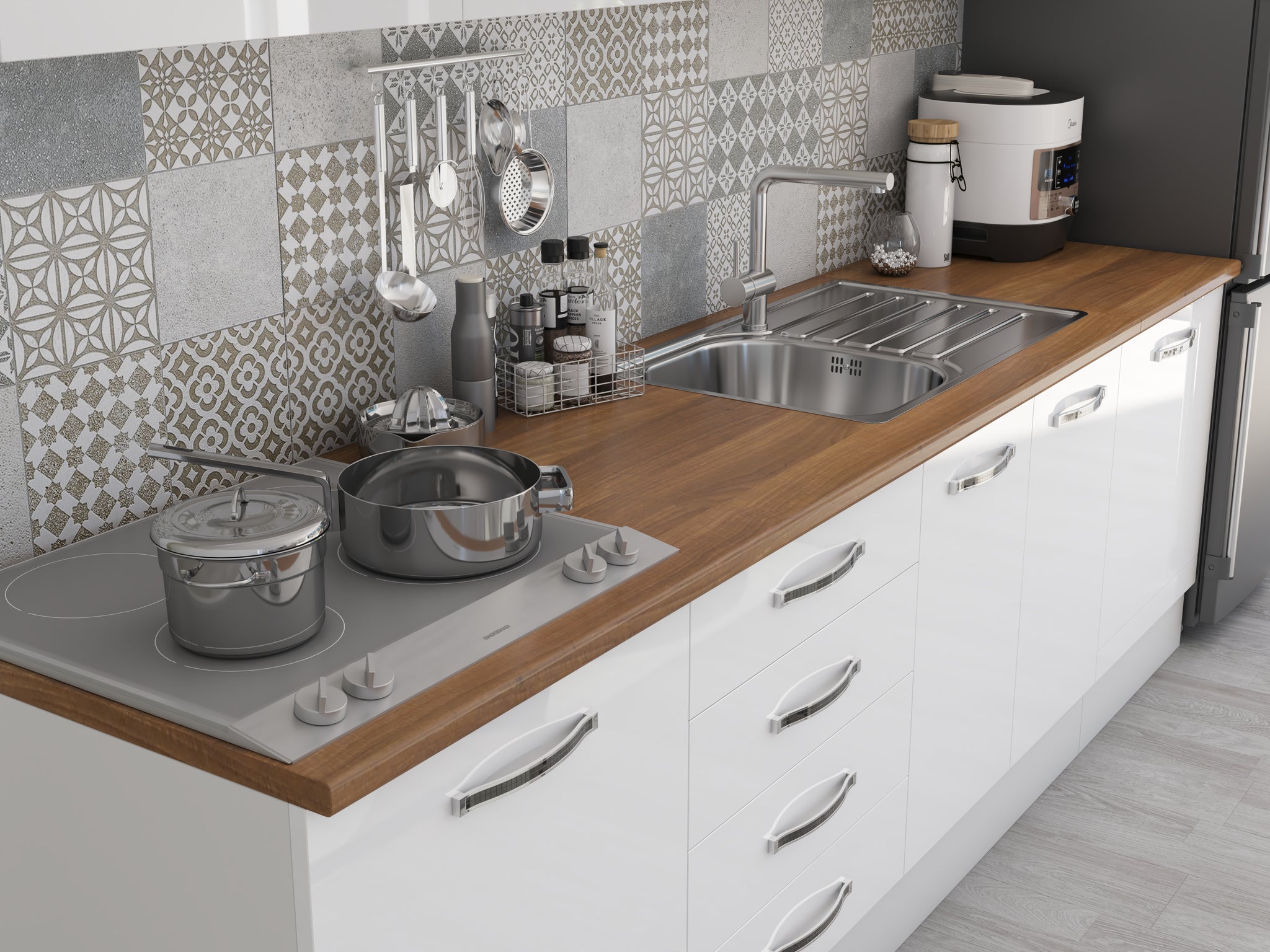 Bucatarie Alfa 260,alb-lucios cu vitrina, blat termic