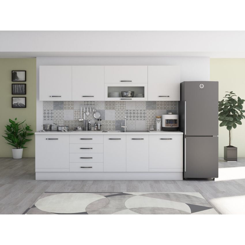 Bucatarie Alfa, 260cm, cu vitrina si blat termic