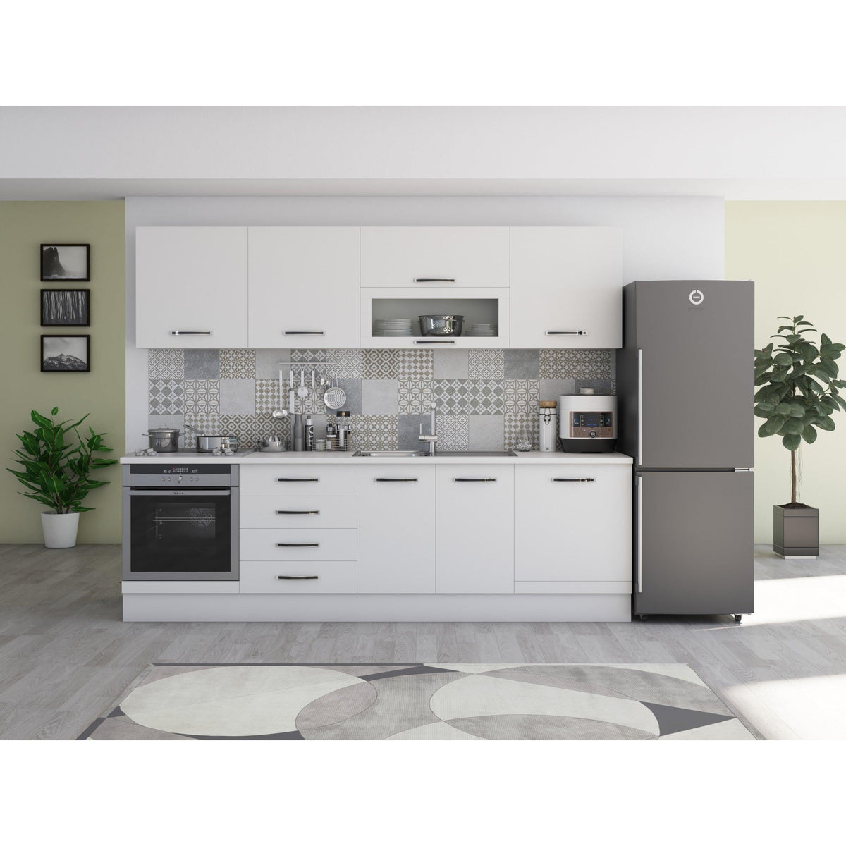 Bucatarie Alfa, 260cm, cu vitrina si blat termic
