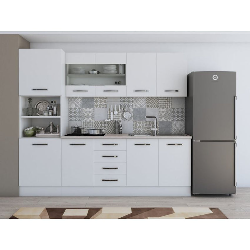 Bucatarie Alfa, 240cm, cu soldat, vitrina si blat termic-17