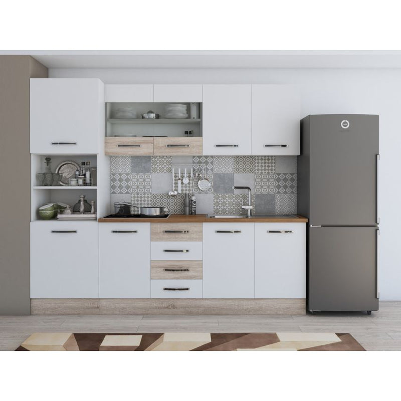 Bucatarie Alfa, 240cm, cu soldat, vitrina si blat termic-20