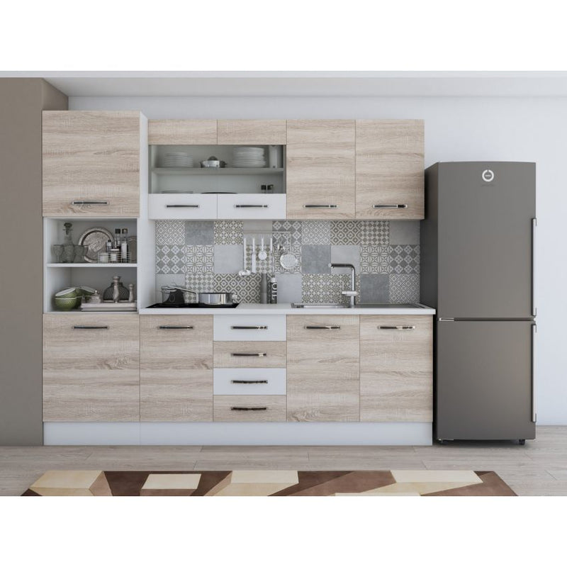 Bucatarie Alfa, 240cm, cu soldat, vitrina si blat termic-9