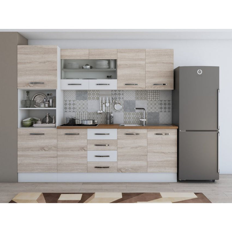 Bucatarie Alfa, 240cm, cu soldat, vitrina si blat termic-35