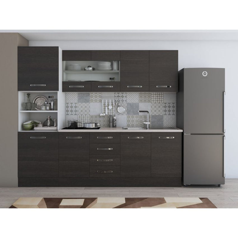 Bucatarie Alfa, 240cm, cu soldat, vitrina si blat termic-47