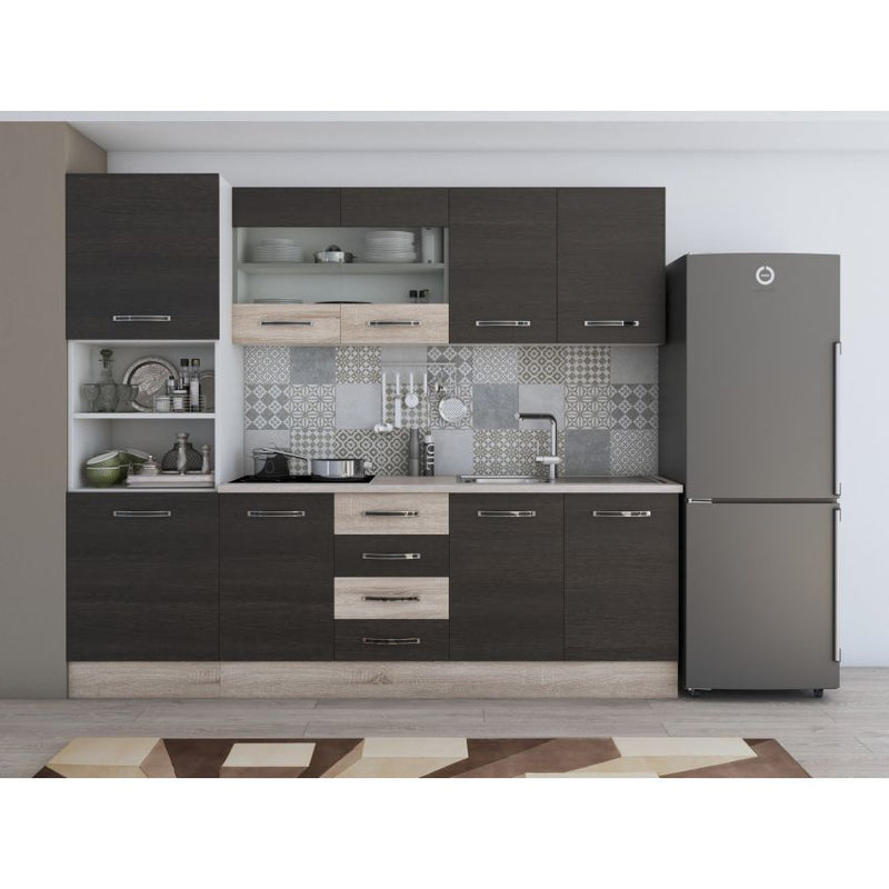 Bucatarie Alfa, 240cm, cu soldat, vitrina si blat termic-57