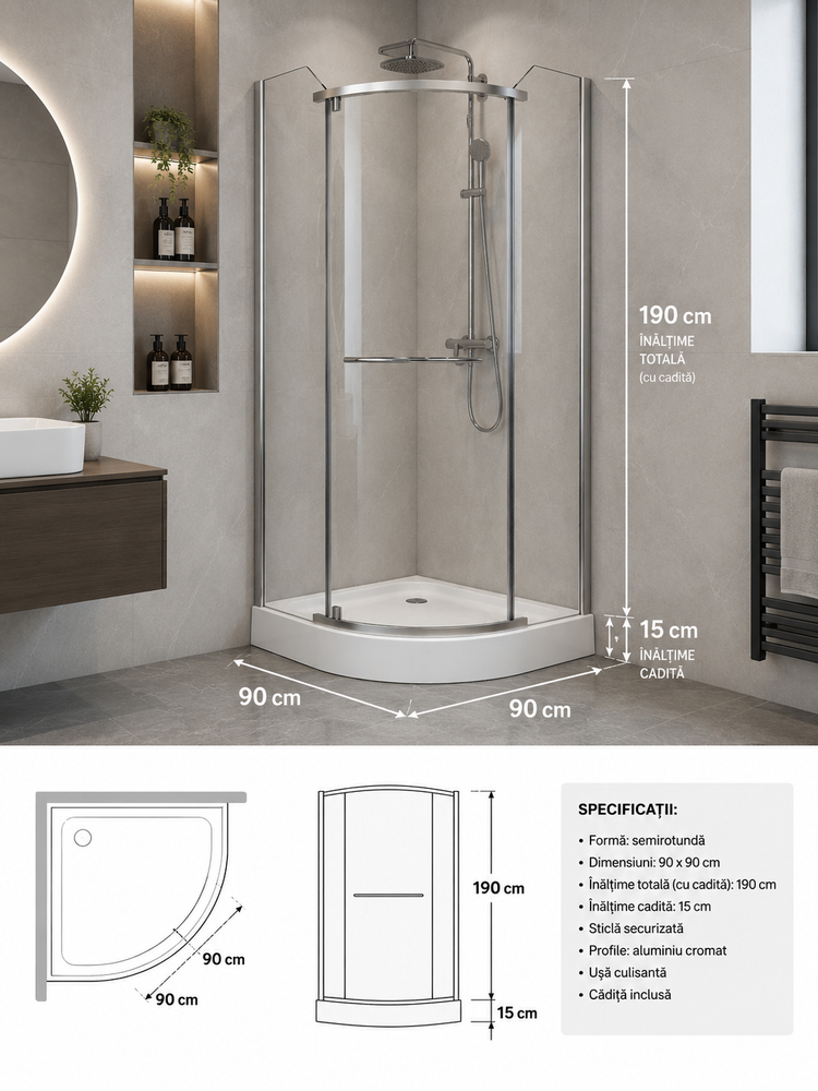 Cabina dus 90x90cm Semirotunda S012