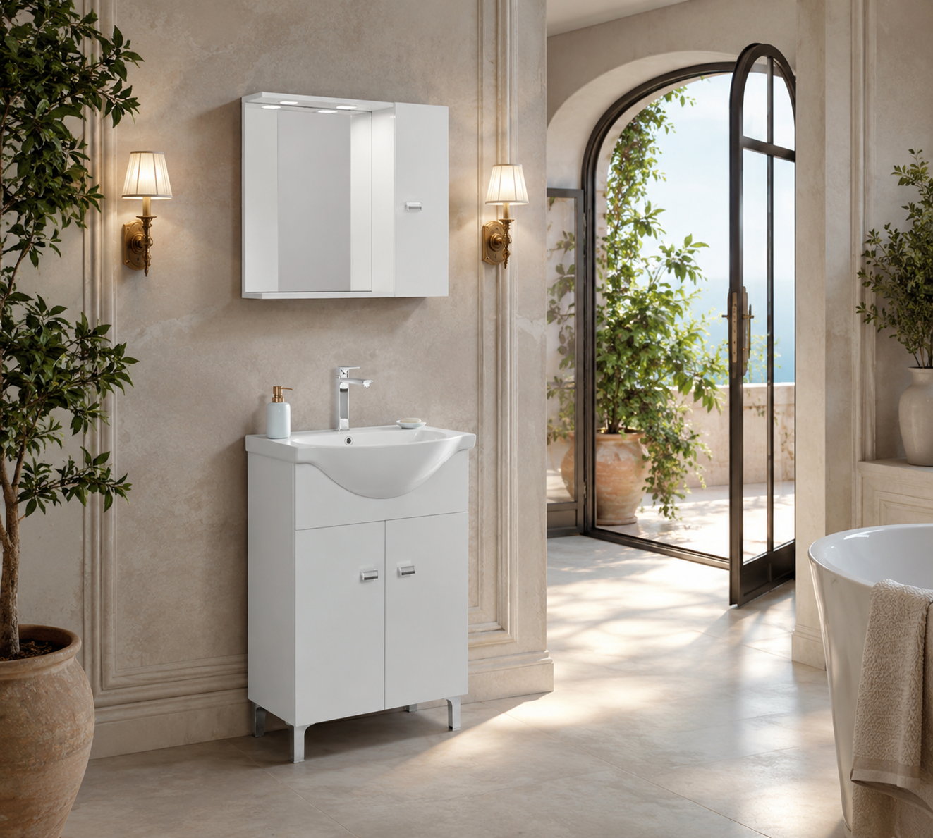 ECO 839+199LED - BAZA MOBILIER 2USI ALB + LAVOAR CERAMIC 55CM + OGLINDA CU DULAP