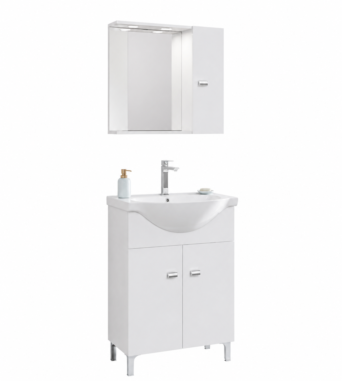 ECO 839+199LED - BAZA MOBILIER 2USI ALB + LAVOAR CERAMIC 55CM + OGLINDA CU DULAP