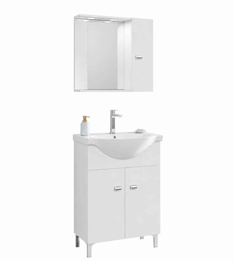 ECO 839+199LED - BAZA MOBILIER 2USI ALB + LAVOAR CERAMIC 55CM + OGLINDA CU DULAP