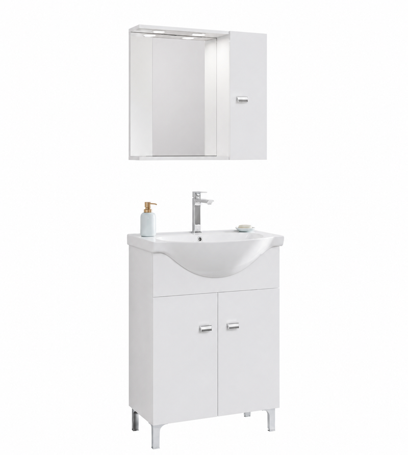 ECO 839+199LED - BAZA MOBILIER 2USI ALB + LAVOAR CERAMIC 55CM + OGLINDA CU DULAP-2
